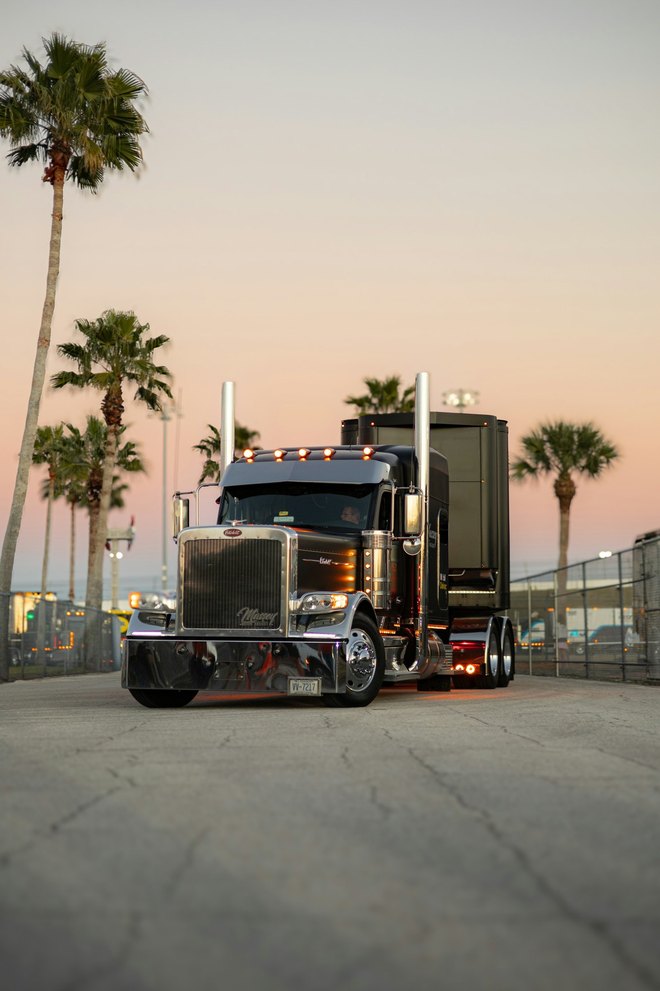American semi truck in a Florida setting with palm trees